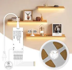 Under Cabinet COB Led Light Strip kit 16.4ft/5m Cuttable 3000K Diffused Power with 6 Output Ports Touch Switch&Dimmer Strip for Gun Safe Case Book Shelf Floating Shelf Wall Panel Home Decor