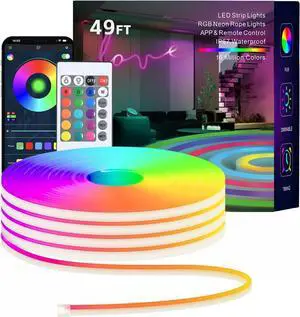 Led Strip Lights RGB 49FT Neon Rope Lights for Bedroom App+Remote Control Music Sync Color Changing Outdoor IP67 Waterproof for Bedroom Living Gaming Party Decoration