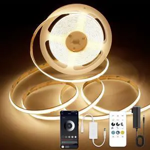 COB LED Strip Lights with Remote 24V 9.84ft Warm White Dimmable LED Light Strips High Bright 3000K LED Lights with Power Supply for Room Kitchen DIY Home Decoration
