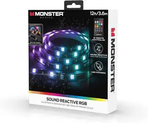 Monster 12ft Multi-Color Sound Reactive LED Light Strip Customizable with Remote Follows The Music Desktop Monitor/HDTV Backlight Xtreme Easy Installation