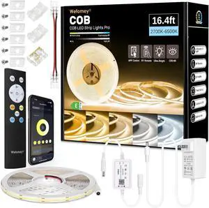 COB LED Strip Light White 16.5ft Dimmable 2700K-6500K High Density 3100LEDs 24V Flexible LED Tape Light with Remote and APP Control for Under Cabinet Bedroom Kitchen DIY Lighting