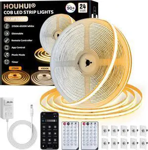 White COB LED Strip Lights 32.8Ft 2700K-6500K Dimmable White COB LED Strip with Remote & App Control Timer Music Sync Warm to Cool White 24V LED Tape Lights for Bedroom Cabinet Kitchen DIY Lighting