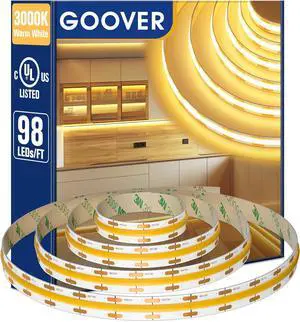 COB LED Strip Lights 16.4ft 3000K Warm White DC 12V Dimmable Tape Light Ra 95+ 150+LM/FT 98 LEDs/ft 2.2W/ft 1600 LEDs UL Listed for Cabinets Bedroom(Power Supply Sold Separately)