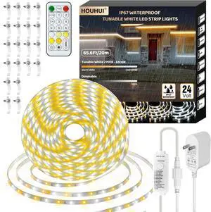 Outdoor White LED Strip Lights Waterproof 65.6Ft 2700K-6500K Warm to Cool White LED Light Strip with Remote Tunable White LED Tape Lights IP67 Waterproof for Bedroom Kitchen Backyard RV Patio
