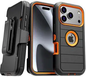 Phone Case for iPhone 17 Case,Heavy Duty Hard Shockproof Armor Protector Case Cover with Belt Clip Holster for Apple iPhone 17 5G 2025 Phone Case(Buy one get one free) For Apple iPhone 17 Black+Orange