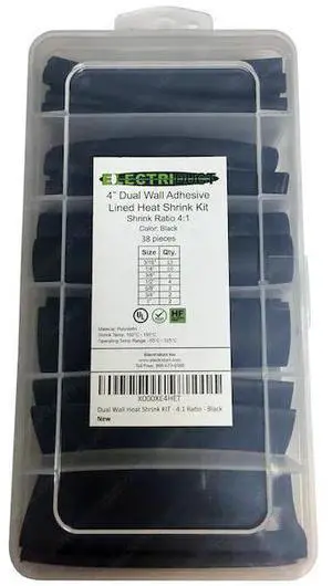 Heat Shrink Tube Kit, Dual Wall, 4:1 I.D. Shrink Ratio, Black, 4 in