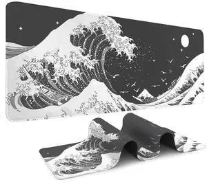 Alpha Fit Black & White Great Wave Gaming Mouse Pad XXL (35.4" x 15.7") - Monochrome Ink Wash Japanese Art Desk Mat - Minimalist Setup with Stitched Edges Alpha Fit Black & White Great Wave Gaming Mouse Pad XXL (35.4" x 15.7") - Monochrome Ink Wash Japanese Art Desk Mat - Minimalist Setup with Stitched Edges