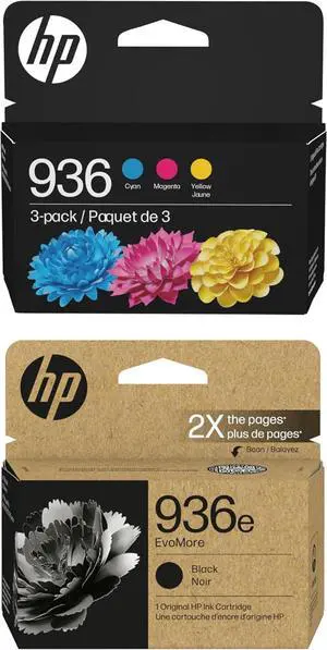 HP Original 936e Black EvoMore Ink / 936 Tri-Color Ink Cartridges (2-Pack) | Works with Printer Series: OfficeJet 9120, Pro 9100, Pro Wide Format 9700 | Carbon Neutral | C84QZLN