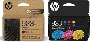 HP 923e EvoMore Black Original Ink Cartridge (1-Pack) and 923 Cyan/Magenta/Yellow Standard Yield Original Ink Cartridges (3-Pack) Bundle