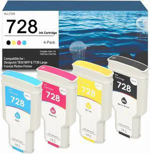 728 Ink Cartridges 4-Pack Compatible F9J68A F9K17A F9K16A F9K15A Ink Cartridge Replacement for DesignJet T830 MFP & T730 Large Format Plotter Printer(300-ml Matte Black / 130-ml Cyan/Magenta/Yellow)