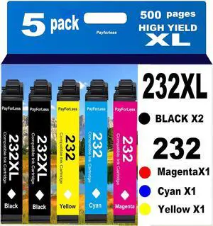 232XL Remanufactured for Epson 232XL Ink Cartridges Combo Pack 232 XL T232XL for XP-4200 XP-4205 Workforce WF-2930 WF-2950 Printer 5 Pack 2 Black 1 Cyan 1 Magenta 1 Yellow