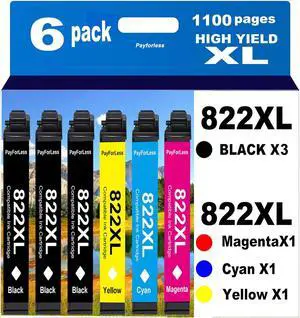 822XL Remanufactured for Epson 822XL Ink Cartridges for 822 XL T822 for Workforce Pro WF-3820 WF-3823 WF-4820 WF-4830 WF-4833 WF-4834 Printer 6 Pack 3 Black 1 Cyan 1 Magenta 1 Yellow