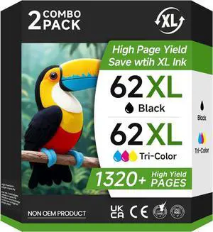 62XL Ink Cartridges Combo Pack Replacement for HP Ink 62 62XL Ink for HP Envy 5540 5549 5640 5660 7640 7645 for OfficeJet Mobile 250 200 for OfficeJet 5740 5741 8040 (1 Black 1 Tri-Color)