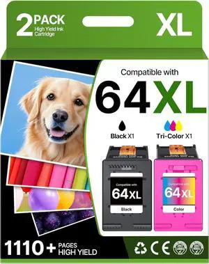 64XL Ink Cartridges Replacement for HP 64XL HP Ink 64XL Black and Color Combo Pack Work for HP Envy Inspire 7955e 7958e 7255e Photo 7155 7858 7155 7100 7800 7900 7855 6222 Tango (Black Color, 2 Pack)