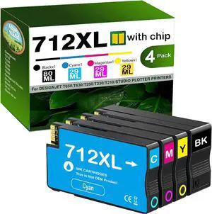 712XL 712 XL Ink High Yield Compatible for HP 712 Ink Cartridges Combo Pack Replacement for HP DesignJet T210 Ink T230 T250 T630 T650 Studio Plotter Printer (1 Black,1 Cyan,1 Magenta,1 Yellow, 4Pack)