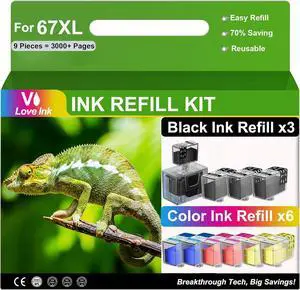 67XL Ink Refill Kit for HP 67XL Ink Cartridges Black Color Combo Pack Compatible with HP Ink 67 Works for Deskjet 2755e 2855e 2700 2800e 4255e Envy 6055e 6000 6555e Cartridges, 9 Pack (3BK/2C/2M/2Y)