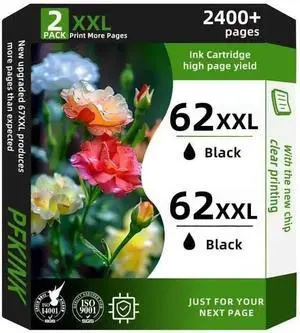 62XXL Ink Cartridges Black Remanufactured for hp 62 Black Ink Cartridge High Yield for Ink 62 XL fit for Envy 5540 7640 5640 5660 7644 7645 7643 OfficeJet 5740 8040 5745 (2Black)