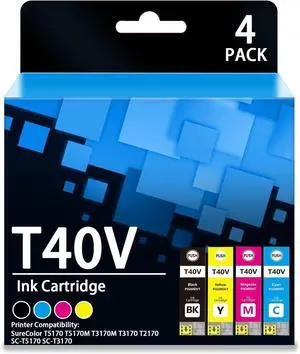 Remanufactured T40V Ink Cartridges with Chip High Capacity for T40W Ink SureColor T5170 T5170M T3170M T3170 T2170 SC-T5170 SC-T3170 Printers Not for Use SC-T3170X (4Packs,Black,Cyan,Magenta,Yellow)