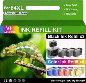64XL Ink Refill Kit for HP 64XL Ink Cartridge Combo Pack Work with HP Envy Inspire 7955e 7900e 7255e Photo 7855 7155 7100 7800 Tango Tango X Terra Cartridge, 9 Pack (3BK/2C/2M/2Y)