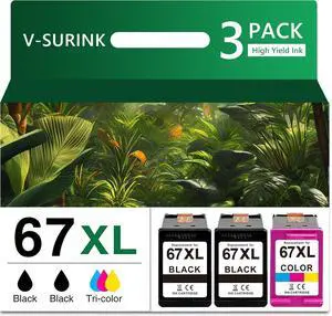 Compatible -Hp Ink 67XL Black and Color Combo Pack New, Hp Envy 6455e Ink Cartridges, 67XL High Yield 3-Pack(2 Black 1 Tri-Color) Compatible for Deskjet 2700/4100 Deskjet Plus 4100/4155 (Not for HP+)