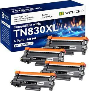 Compatible TN830XL Toner Cartridge High Yield Replacement for Brother TN830 TN-830 TN830 XL TN-830XL use with HL-L2460DW DCP-L2640DW HL-L2405W MFC-L2820DW HL-L2480DW Printer (4 PK 12000 Pages)