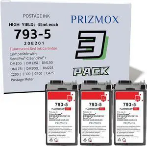 3-Pack 793-5 Red Fluorescent Ink Cartridge Replacement for Pitney Bowes 793-5 Red Ink for Postage Meters DM100i, DM125i, DM150i, DM175i, DM200L, DM225, SendPro 300, C200, C300, C400, C425, 35ml