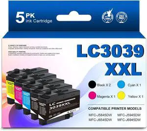 LC3039 LC3039XXL (5Pack, BK/C/M/Y) Ultra High Yield Ink Cartridges Replacement for Brother LC3037 XXL LC3039 Work for MFC-J5945DW MFC-J6945DW MFC-J6545DW MFC-J5845DW Printer