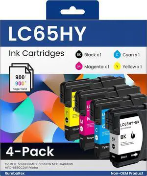 LC65 LC65HY Ink Cartridges Set High-Yield LC65HYCL Replacement for Brother LC61 LC65 Ink Cartridges for MFC-490CW MFC-495CW MFC-6490CW MFC-6890CDW Printer Ink 4-Pack (BK/C/M/Y)