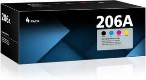4-Pack 206A Toner Cartridges Set (with Chip) Compatible for HP 206A 206X HP206A W2110A Toner Use for Color Laserjet MFP M283fdw M283cdw M283fdn M282nw Pro M255dw M255nw Printer High Yield Ink, BKCMY