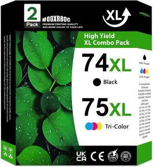 74XL 75XL High-Yield Ink Cartridges (2-Pack, Black/Tri-Color) Replacement for HP 74 75 Ink Cartridge Work for DeskJet D4260 OfficeJet J5725 J5790 J6405 J6488 Photosmart C4280 C4300 C4400 C4500 Printer