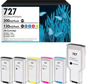 727 Ink Cartridges Compatible HP 727 C1Q12A B3P23A B3P24A B3P19A B3P20A B3P21A Replacment for HP DesignJet T930 T920 T1500 T2500 T1530 T2530 (6 Pack, 300-ml MB, 130-ml PB/G/C/M/)