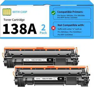 138A W1380A Black Toner Cartridge with Chip Replacement for HP 138A W1380A 138X W1380X Black Toner Cartridge Compatible with HP Laser Jet Pro 3001dw 3001fdw MFP 3101fdw Series Printer (2 Black)