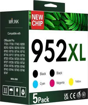 952XL Ink Cartridges Black Color 5 Combo Pack Compatible for HP 952 XL HP952 HP952XL to OfficeJet 8710 8720 7740 8725 8210 8715 8702 8740 7720 8730 8216 8700 Printer Black Cyan Magenta Yellow (5-Pack)