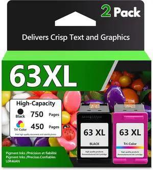 63XL Ink Cartridges Black and Color Replacement for HP Ink 63 XL Combo Pack Work for OfficeJet 3830 4650 5255 5258 5200; Envy 4520 4512 4510; DeskJet 1112 2130 3630 (2 Pack)