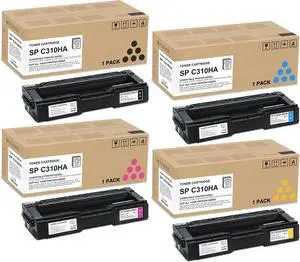 4 Pack SP C310HA Toner Cartridge : 406475 406476 406477 406478 Replacement for Toner Cartridge for Ricoh Aficio SP C231N C231SF C232DN C232SF C310 C310A C320DN Printer , Black/Cyan/Magenta/Yellow