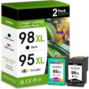 98XL/95XL Ink Cartridges Compatible with 98 95 Combo Pack Replacement for Deskjet 460 5940 PhotoSmart C4180 C4580 C4150 Officejet 100 150 7310 6310 H470 Printers 2-Pack (1 Black / 1 Tri-Color)