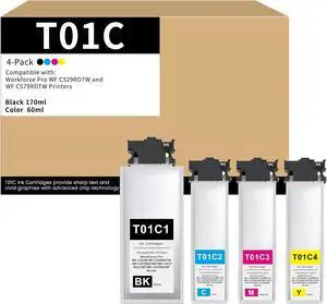 Remanufactured T01C1 T01C2 T01C3 T01C4 Ink Cartridge Replacement for Workforce Pro WF-C529RDTW C579RDTWF Printer Pigment Ink (4-Pack, Black Cyan Magenta Yellow)