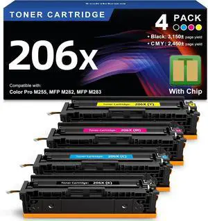 206X Toner Cartridges 4 Pack High Yield with Chip Replacement for 206X 206A HP Toner Cartridges Set for Color Laserjet Pro MFP M283fdw M283cdw M283fdn Pro M255dw M255nw M283 M255 Printer | 206X Toner