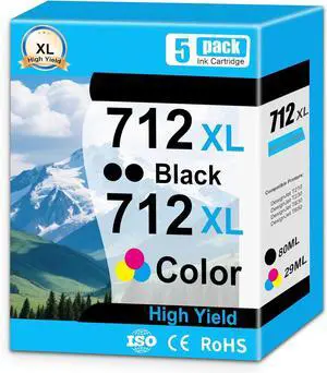 5 Pack 712XL 712 XL 712 Ink Cartridge Use for DesignJet T210 T230 T630 T650 Studio Plotter Printers (Black: 80ml, C/M/Y: 29ml)