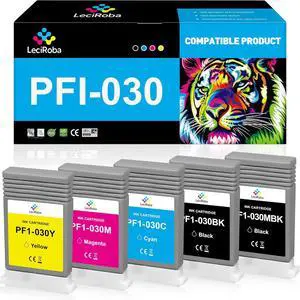 LeciRoba PFI030 PFI-030 Compatible Ink Cartridge Replacement for Canon PFI030 PFI-030 PFI-030MBK PFI-030BK PFI-030C PFI-030M PFI-030Y for Canon ImagePrograf TA-20 TA-30 TM-240 TM-340 (5-Pack)