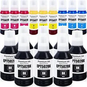 EPT502 502 Ink Refill Bottles (BK C M Y) 17 Bottles for Ecotank ET-2700 2750 2760 2850 ET-3700 ET-3710 ET-3750 ET-3760 3800 3830 3843 3850 4750 4760 4850 15000 ST-4000 ST-2000 ST-3000 Printer