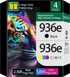 936e 936XL Ink Cartridges (with Chip High Capacity) Replacement for HP 936 Ink for OfficeJet 9122e OfficeJet Pro 9110b 9125e 9128e 9130b 9135e 9120e OfficeJet Pro Wide Format 9730e Printers(BCMY)