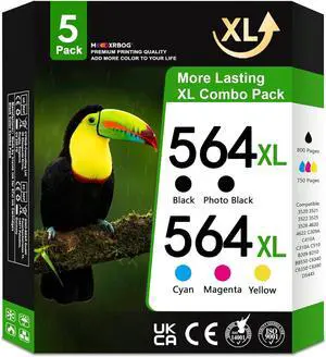 564XL Ink Cartridges High Yield Replacement for HP 564 XL Black and Color Ink Cartridges for PhotoSmart 7520 7525 5520 6520 6510 C309G DeskJet 3520 3522 Printer 5-Pack (Bk/PBK/Cyan/Magenta/Yellow)