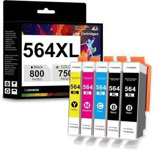 564XL High-Yield Ink Cartridge Combo Replacement for HP 564 XL for DeskJet 3520 3522 Photosmart 7520 6520 5520 7525 5514 7510 OfficeJet 4620 Printer (5 Pack-2Black 1Cyan 1Magenta 1Yellow)