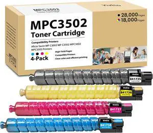 MP C3302 MP C3502 Toner Cartridge with New Chip Repalcement for Ricoh MP C3502 C3302 841735 841736 841737 841738 for Aficio Savin MP C3002 MP C3502 MPC3002 MPC3502 Printers, 4 Pack
