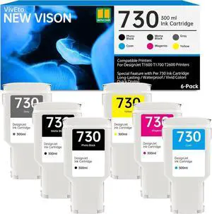 730 Ink Cartridge (with New Chip) 300ml P2V73A P2V72A P2V71A P2V70A P2V69A P2V68A Replacement for HP 730 Ink Cartridge for Designjet T1600 Designjet T1700 Designjet T2600 Printer, 6 Pack 730 Ink Kit