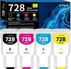 728 Ink Cartridges 300ml 4-Pack F9J68A F9K17A F9K16A F9K15A Ink Replacement for HP 728 Ink for DesignJet T830 MFP & T730 Printer Ink (Matte Black, Cyan, Magenta, Yellow)