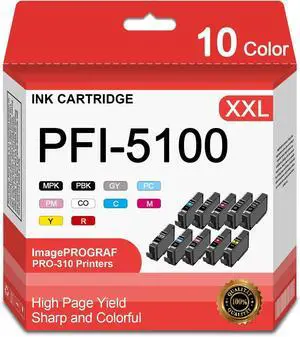 PFI5100 PFI-5100 Ink Cartridges High Capacity Compatible for Canon imagePROGRAF PRO-310 Printer (MBK, PBK, C, M, Y, R, GY, PC, PM, CO) 10-Pack
