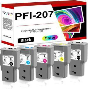 PFI-207 Ink/PFI207 Pigment Ink Tank Bundle Compatible for Canon PFI-207MBK PFI-207BK PFI-207C PFI-207M PFI-207Y Ink 5-Pack 300ML Replacement for Canon imagePROGRAF IPF680 IPF685 IPF780 IPF785 Printer