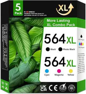 564XL Ink Cartridges High Yield Replacement for HP 564 XL Black and Color Ink Cartridges Work for PhotoSmart 7520 7525 5520 6520 6510 C309G DeskJet 3520 3522 Printer 5 Pack (Bk/PBK/C/M/Y)